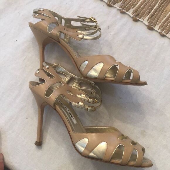 Manolo Blahnik Beige and gold cut out strap he sandal heel ￼(39) - Picture 1 of 9